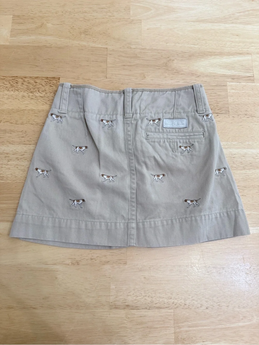 Ralph Lauren Girls Khaki Tan Embroidered Pointer Dog Mini Cargo Skirt 7 Preppy